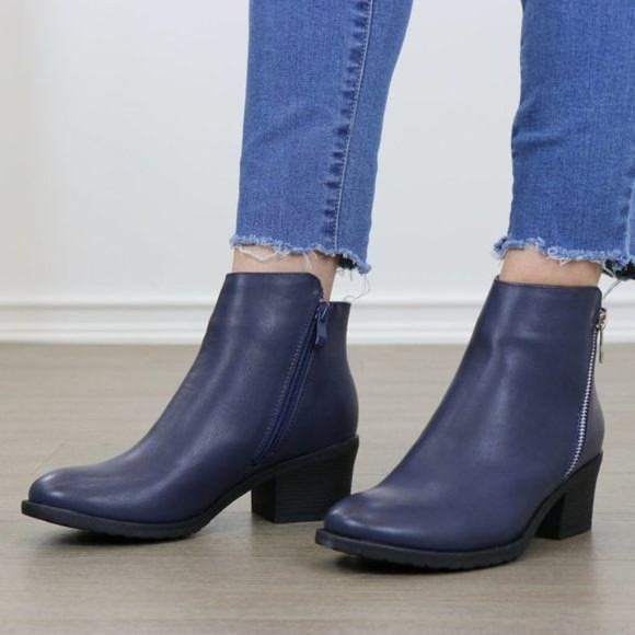 Navy Faux Leather Ankle Boots Silver Zipper Block heel - Picture 7 of 8